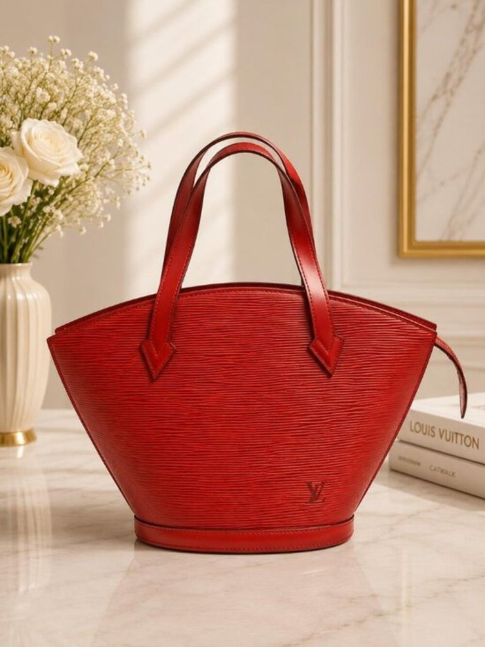 Authentic Louis Vuitton Saint Jacques Epi Leather Red Shoulder Tote Handbag